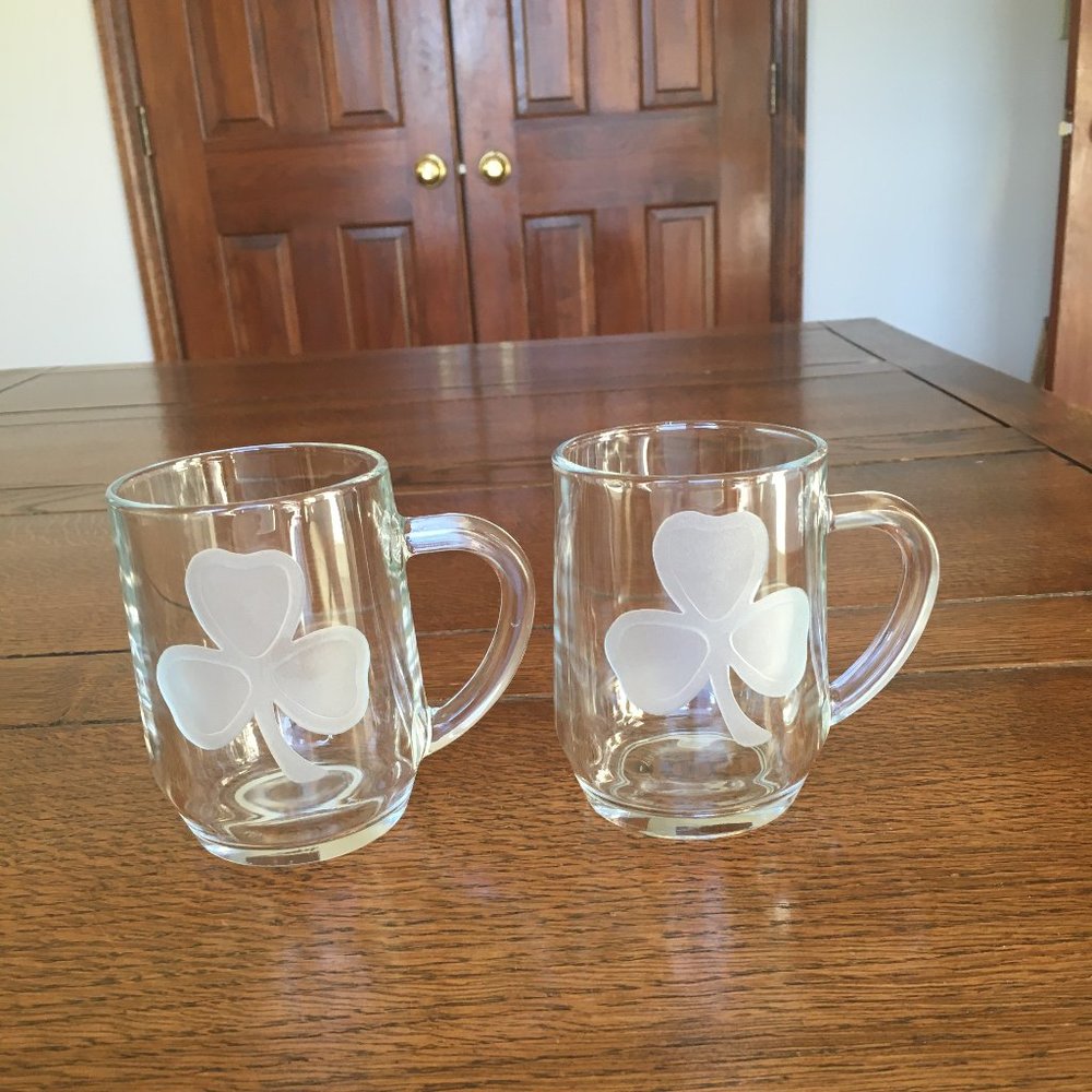 Irish Shamrock Coffee Mugs Clear with Frosted Shamrocks